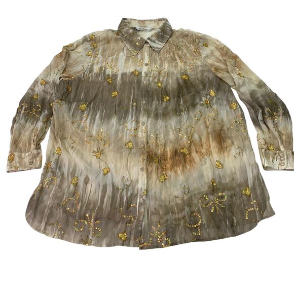 Peter Nygard Woman Sz 18 Gold Holographic Sparkle Semi Sheer Long Sleeve Blouse - Picture 1 of 12